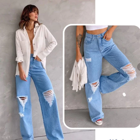 Calça Jeans Feminina Wide Leg rasgada pantalona