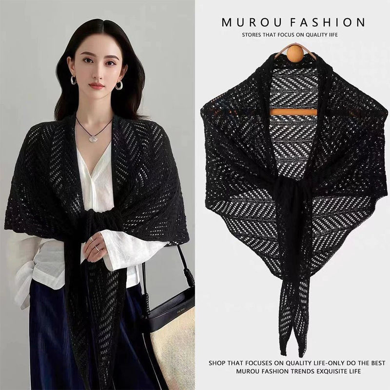 KISS1 Xale De Algodão De Tricô , Capa Feminina Poncho De Proteção Solar Vazada , Cachecol Elegante Com Borlas De Cor Sól