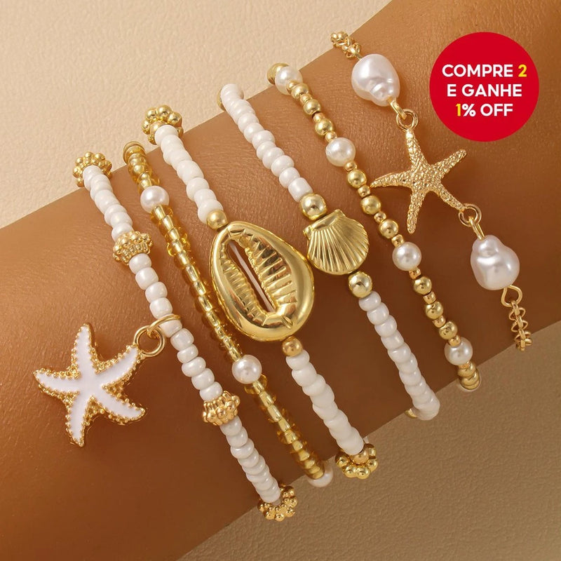 Conjunto De Pulseiras Requintadas De Estrela Do Mar E Contas De Concha , 6 Peças – Joias De Praia De Verão Multicamadas
