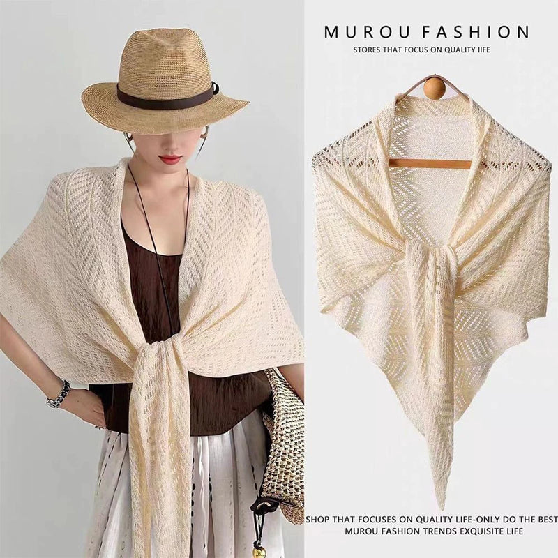 KISS1 Xale De Algodão De Tricô , Capa Feminina Poncho De Proteção Solar Vazada , Cachecol Elegante Com Borlas De Cor Sól