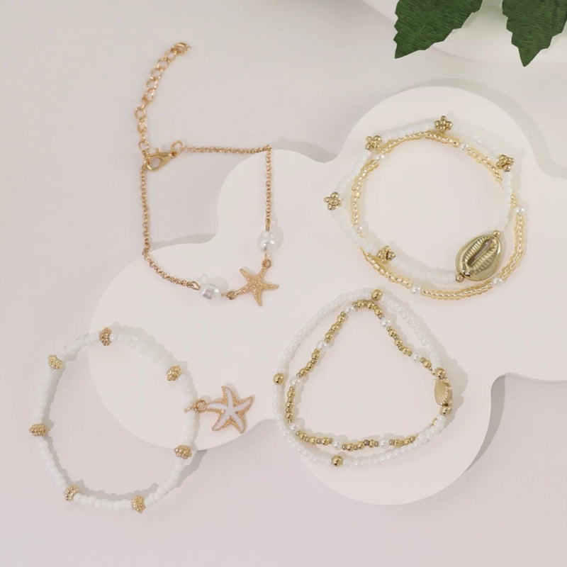Conjunto De Pulseiras Requintadas De Estrela Do Mar E Contas De Concha , 6 Peças – Joias De Praia De Verão Multicamadas