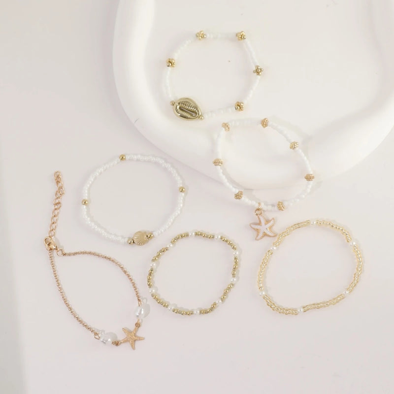 Conjunto De Pulseiras Requintadas De Estrela Do Mar E Contas De Concha , 6 Peças – Joias De Praia De Verão Multicamadas