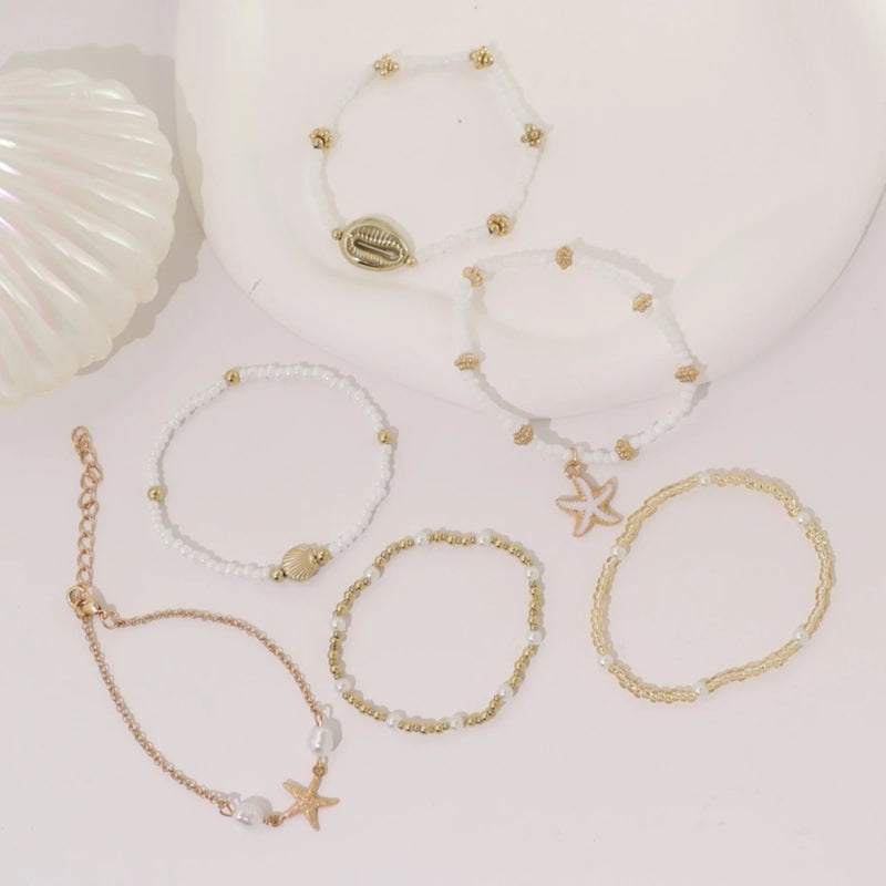 Conjunto De Pulseiras Requintadas De Estrela Do Mar E Contas De Concha , 6 Peças – Joias De Praia De Verão Multicamadas