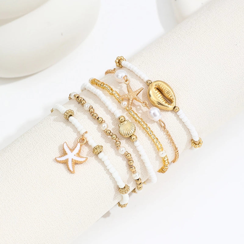 Conjunto De Pulseiras Requintadas De Estrela Do Mar E Contas De Concha , 6 Peças – Joias De Praia De Verão Multicamadas